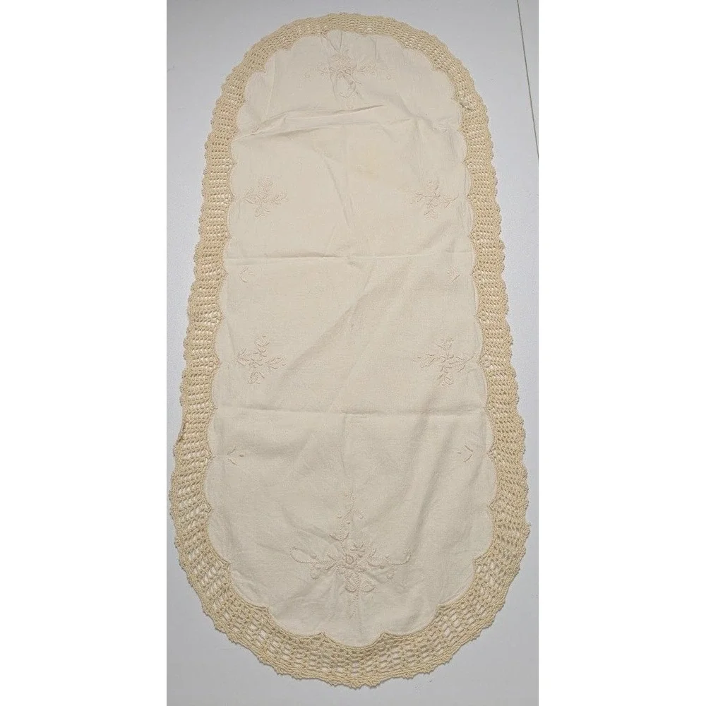 Vintage Cream Floral Embroidered Table Runner Crochet Trim